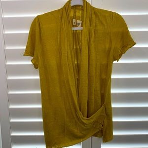 MOTH MUSTARD COLOR KNIT SHORT SLEEVE CROSSOVER SHAWL SWEATER